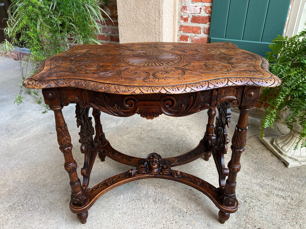 Antique French Sofa Hall Table Carved Oak Renaissance Revival Cherub End Table