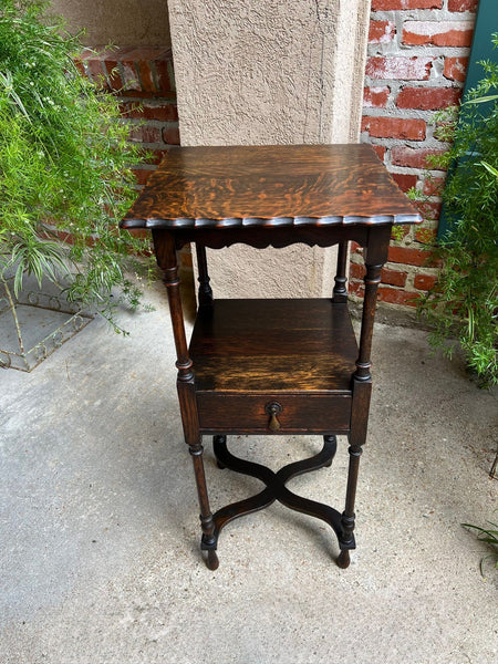 Antique English End Table SQUARE PETITE Jacobean Oak Two Tier c1900
