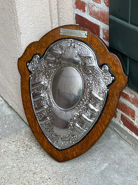 Antique English Dart Game Trophy Award Shield Oak Plaque Silver Plate c1909
