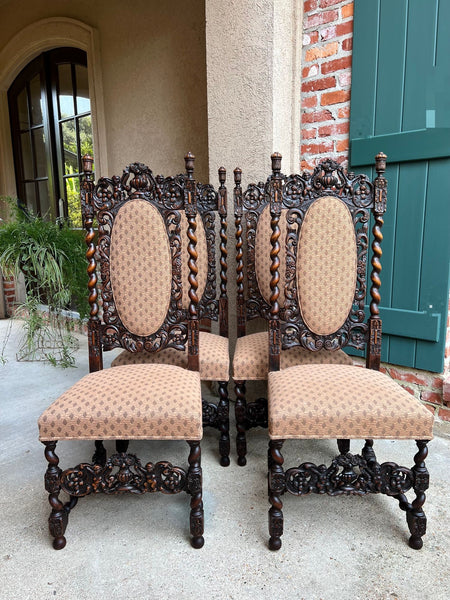 Set 4 TALL Antique French Dining Chair Barley Twist Renaissance Carved Oak 1890