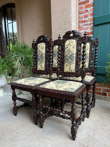 Set 4 Antique French Dining Chair Barley Twist Renaissance Carved Oak Green 1900