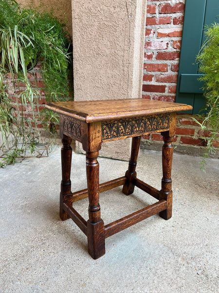 Antique English Footstool Bench Joint Stool Carved Oak Jacobean Stand c1900