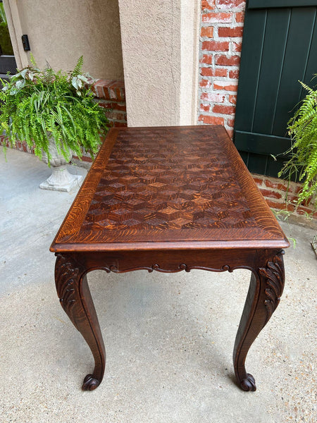 Antique French Sofa Side Table Writing Desk Louis XV Carved Oak Parquet Top