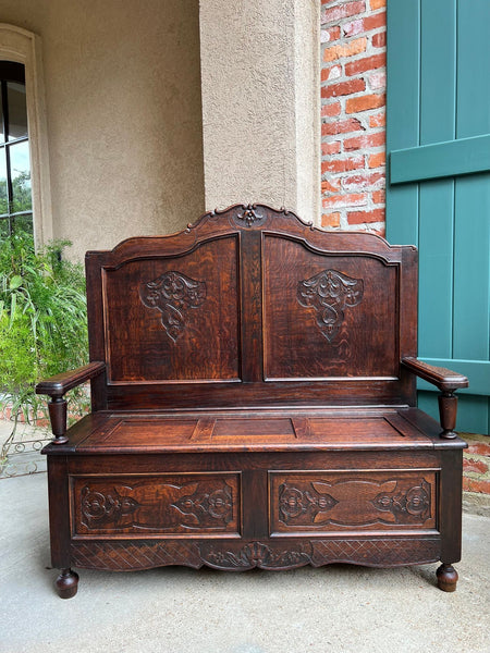 Antique French Louis XV Hall Bench Carved Oak Foyer Settee Lift Top Chest c1890