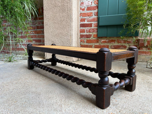 Antique English Barley Twist Stool Bench Oak Cane Jacobean Ottoman c1920