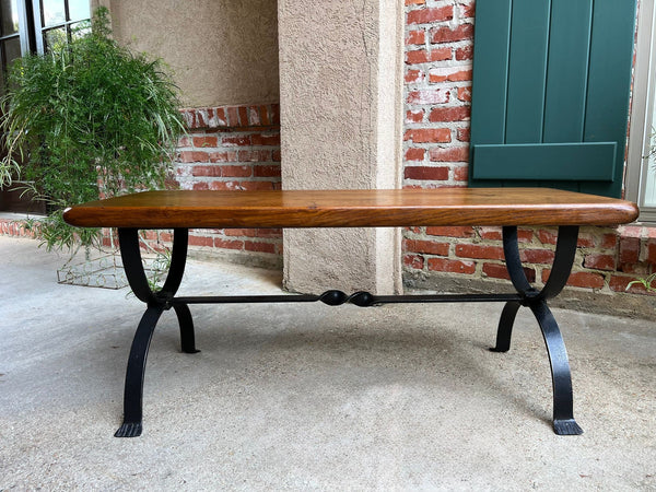 Antique French Coffee Table Bench Country Farmhouse Tiger Oak Wrought Iron c1920