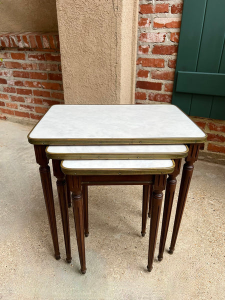 Set 3 Vintage French Nesting Table WHITE MARBLE Mahogany Louis XVI Maison Jansen