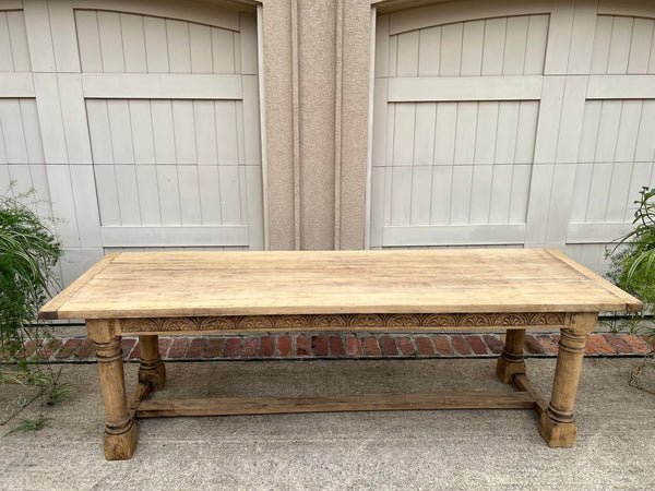 Antique French Dining Farm Table Bleached CARVED Oak 8 ft. LARGE c1880