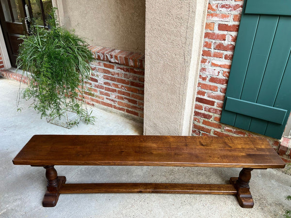 Antique French Tiger Oak Bench Dining Seat Farmhouse Country Ranch Vintage c1940