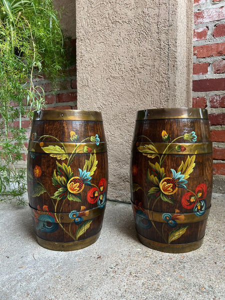 PAIR Set Antique English Oak Barrel Jardinière Planter Rosemaling Hand Painted