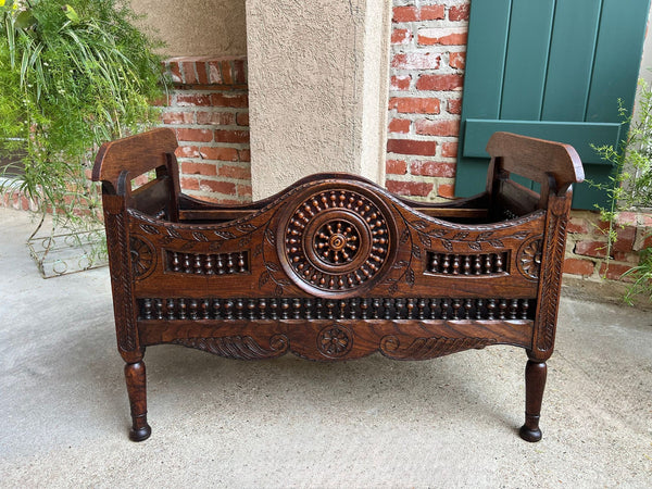 Antique French Carved Planter Breton Brittany Oak Doll Bed Fireside Box c1890