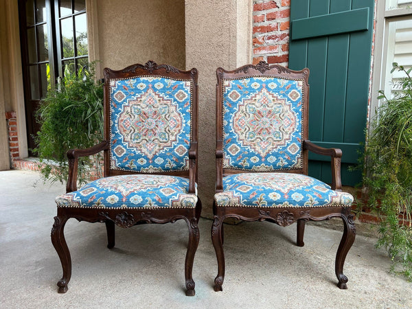 PAIR Antique French Dining Arm Chair Louis XV Carved Oak Blue Persian textile