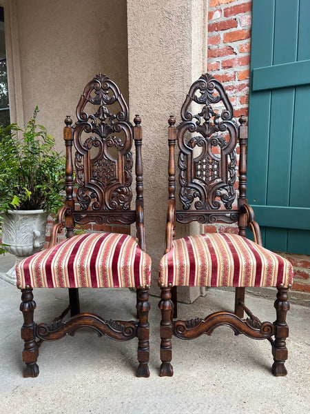 PAIR Antique French Dining Chairs Renaissance Revival Open Carved Oak SET of 2