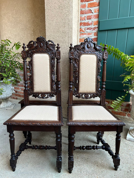Set 4 Antique French Dining Chairs Renaissance Carved Oak Bird Black Forest