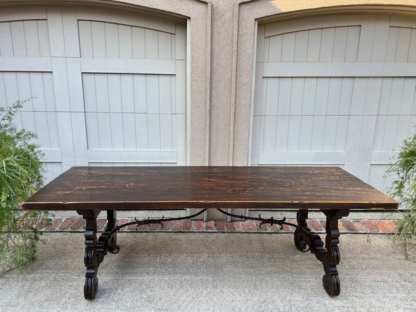 Antique French Oak Dining Table Catalan Trestle 7 ft. Farmhouse Plank Top c1890