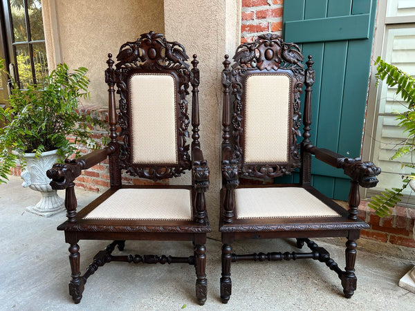 PAIR Antique French Arm Chair Dining Renaissance Carved Oak Bird Black Forest