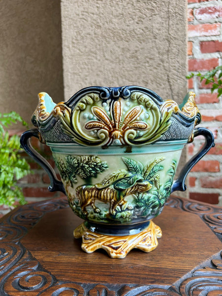 Antique French Majolica Jardinière Onnaing Tiger Monkey Jungle Cache Pot Planter