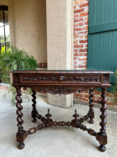 Antique French Sofa Table Writing Desk Barley Twist Carved Renaissance Tapestry