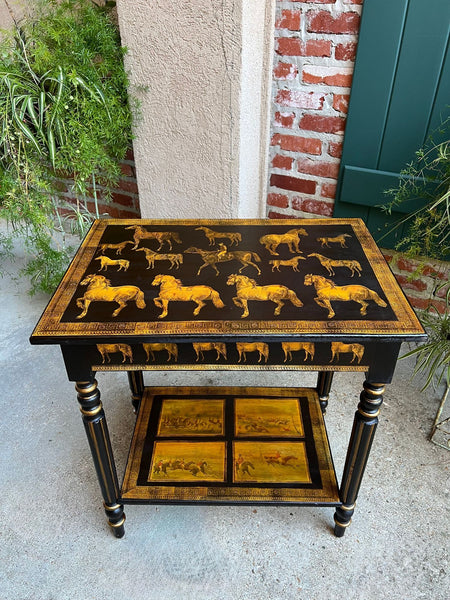 Antique English Console Side Table Decoupage Horse Equestrian Fox Hunt c1890