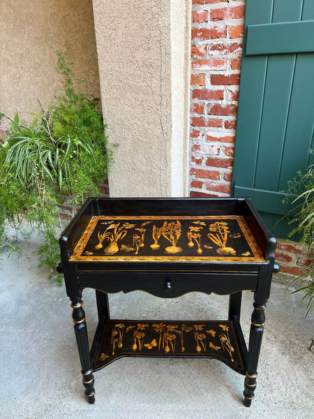 Antique English Sofa Side Table Decoupage Botanical Floral Black Gold c1890