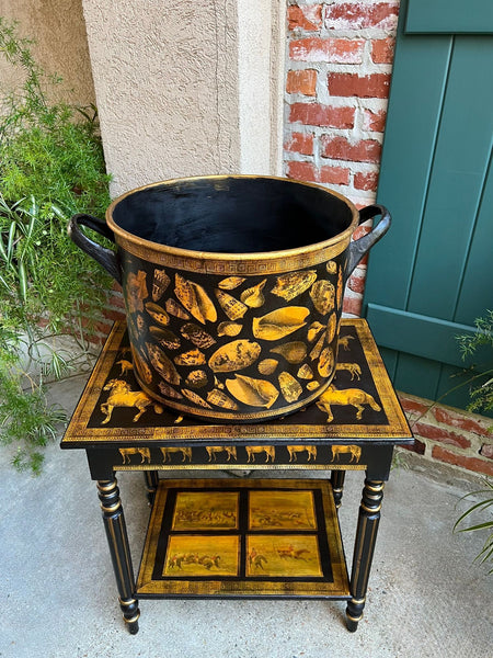 LARGE Antique English Planter Cachepot Black Metal Lacquer SHELL Decoupage c1890