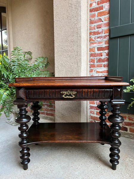 Antique English Hall Sofa Table Sideboard Carved Oak Bobbin Leg c1910