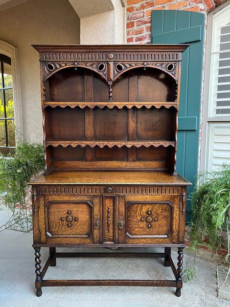 Antique English Welsh Dresser Sideboard Barley Twist Carved Tiger Oak Farmhouse