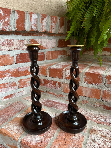 PAIR Set Antique English Oak OPEN Barley Twist Candlesticks Candle Holder Brass