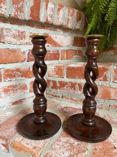 PAIR Set Antique English Oak OPEN Barley Twist Candlesticks Candle Holder Brass