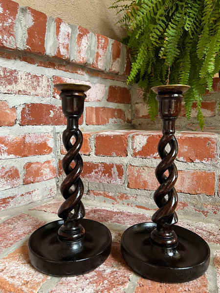 PAIR Set Antique English Oak OPEN Barley Twist Candlesticks Candle Holder Brass