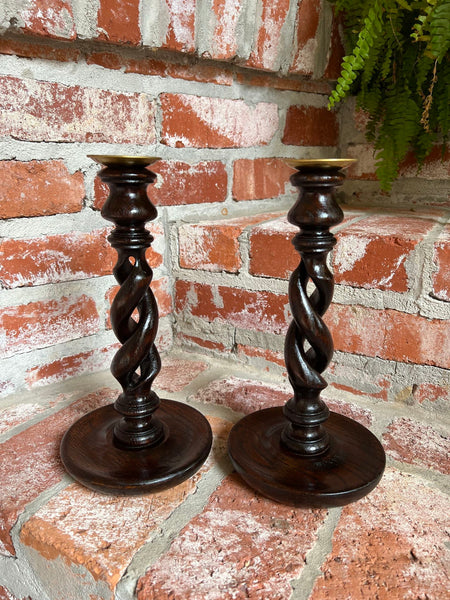 PAIR Set Antique English Oak OPEN Barley Twist Candlesticks Candle Holder Brass