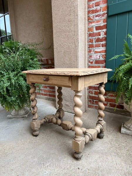 Antique French Side Table Barley Twist Bleached Carved Oak Nightstand Louis XIII