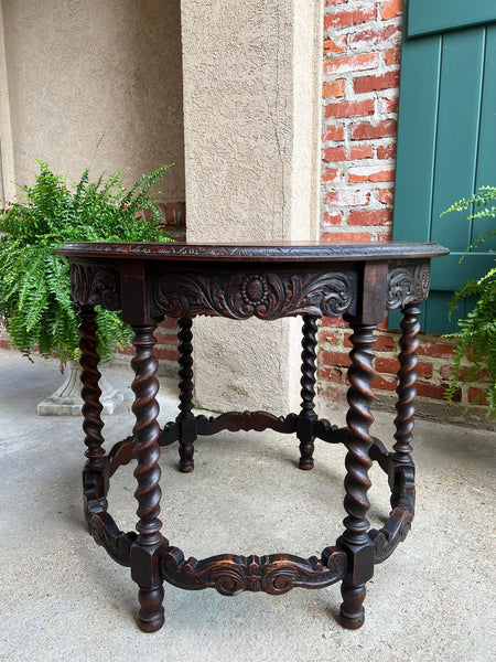 Antique French ROUND Side Center Table BARLEY TWIST Carved Oak Renaissance c1900
