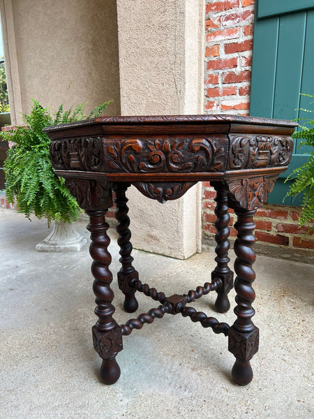Antique French Octagon Sofa Table Carved Oak Barley Twist Louis XIII Renaissance