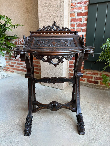 Antique French Writing Desk Secretary Black Forest Carved Oak Renaissance c1890