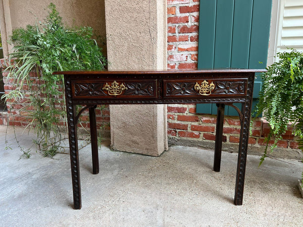 Antique English Sofa Console Table Jacobean Carved Oak Foyer Table c1890