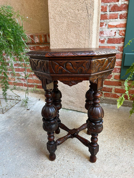 PETITE Antique French Octagon Center Side TABLE Renaissance Carved Oak c1890