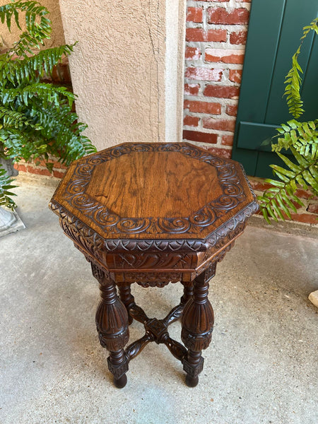 Petite Antique French Octagon Side TABLE Renaissance Carved Oak c1900