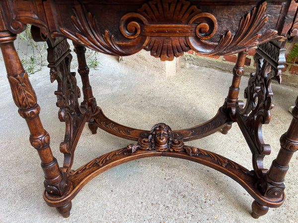 Antique French Sofa Hall Table Carved Oak Renaissance Revival Cherub End Table
