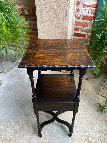 Antique English End Table SQUARE PETITE Jacobean Oak Two Tier c1900