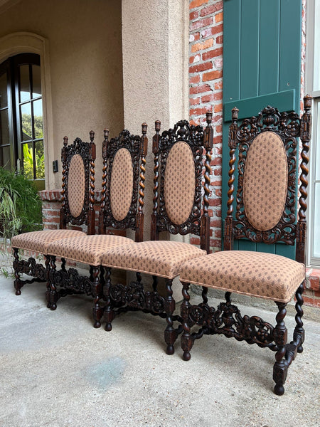 Set 4 TALL Antique French Dining Chair Barley Twist Renaissance Carved Oak 1890