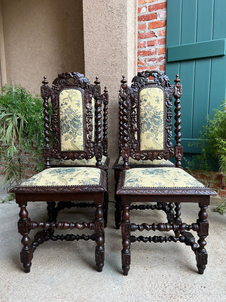 Set 4 Antique French Dining Chair Barley Twist Renaissance Carved Oak Green 1900
