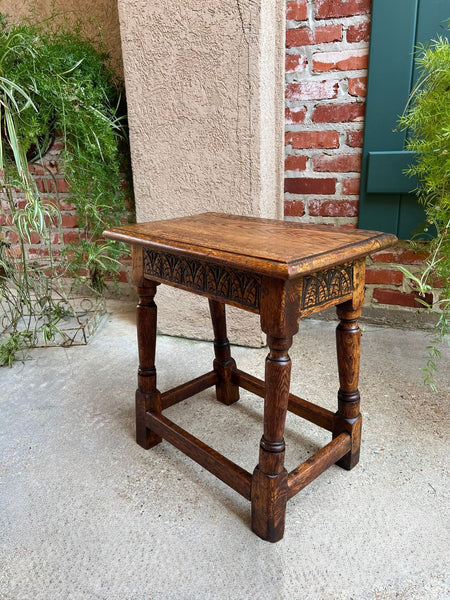 Antique English Footstool Bench Joint Stool Carved Oak Jacobean Stand c1900