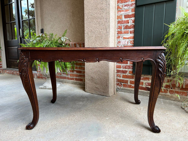 Antique French Sofa Side Table Writing Desk Louis XV Carved Oak Parquet Top