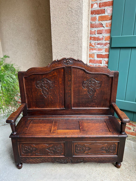Antique French Louis XV Hall Bench Carved Oak Foyer Settee Lift Top Chest c1890