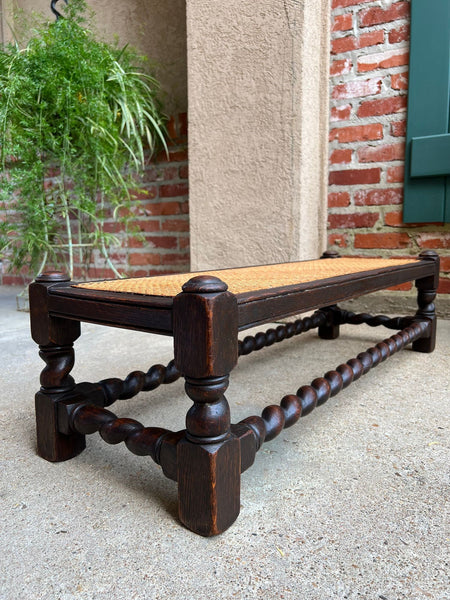Antique English Barley Twist Stool Bench Oak Cane Jacobean Ottoman c1920