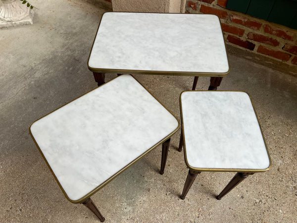 Set 3 Vintage French Nesting Table WHITE MARBLE Mahogany Louis XVI Maison Jansen