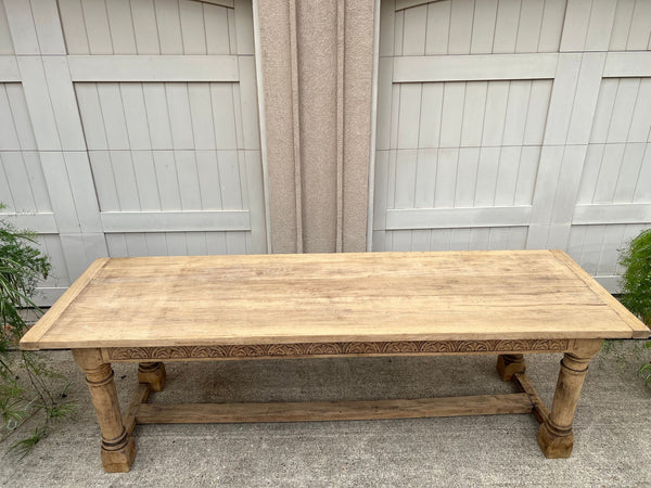 Antique French Dining Farm Table Bleached CARVED Oak 8 ft. LARGE c1880