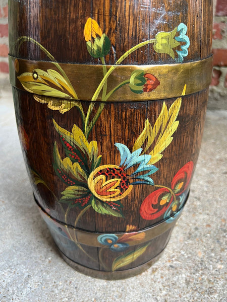 PAIR Set Antique English Oak Barrel Jardinière Planter Rosemaling Hand Painted