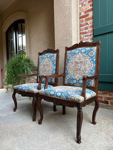 PAIR Antique French Dining Arm Chair Louis XV Carved Oak Blue Persian textile